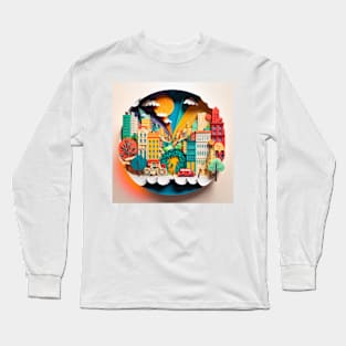 3D Effect Papercut Art - Cityscape Scene Long Sleeve T-Shirt